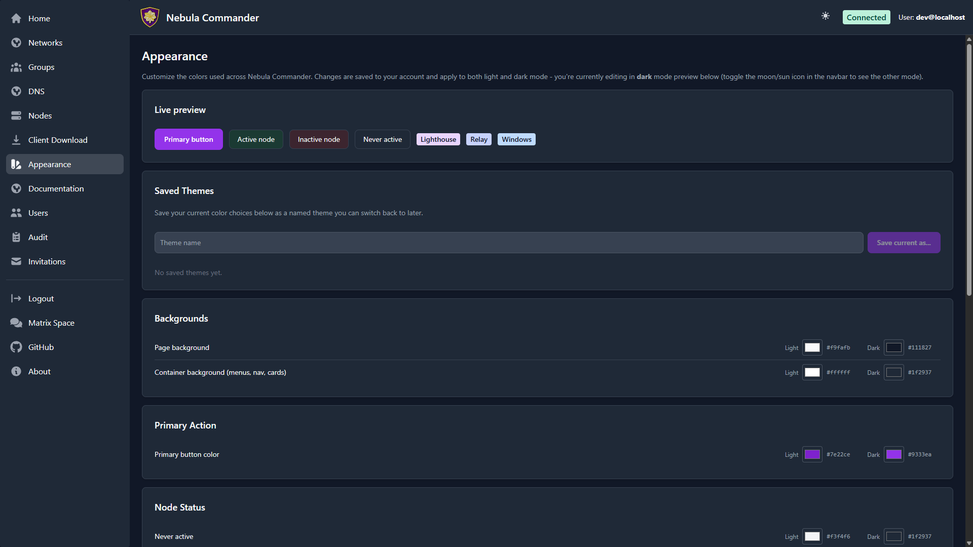Appearance page in dark mode