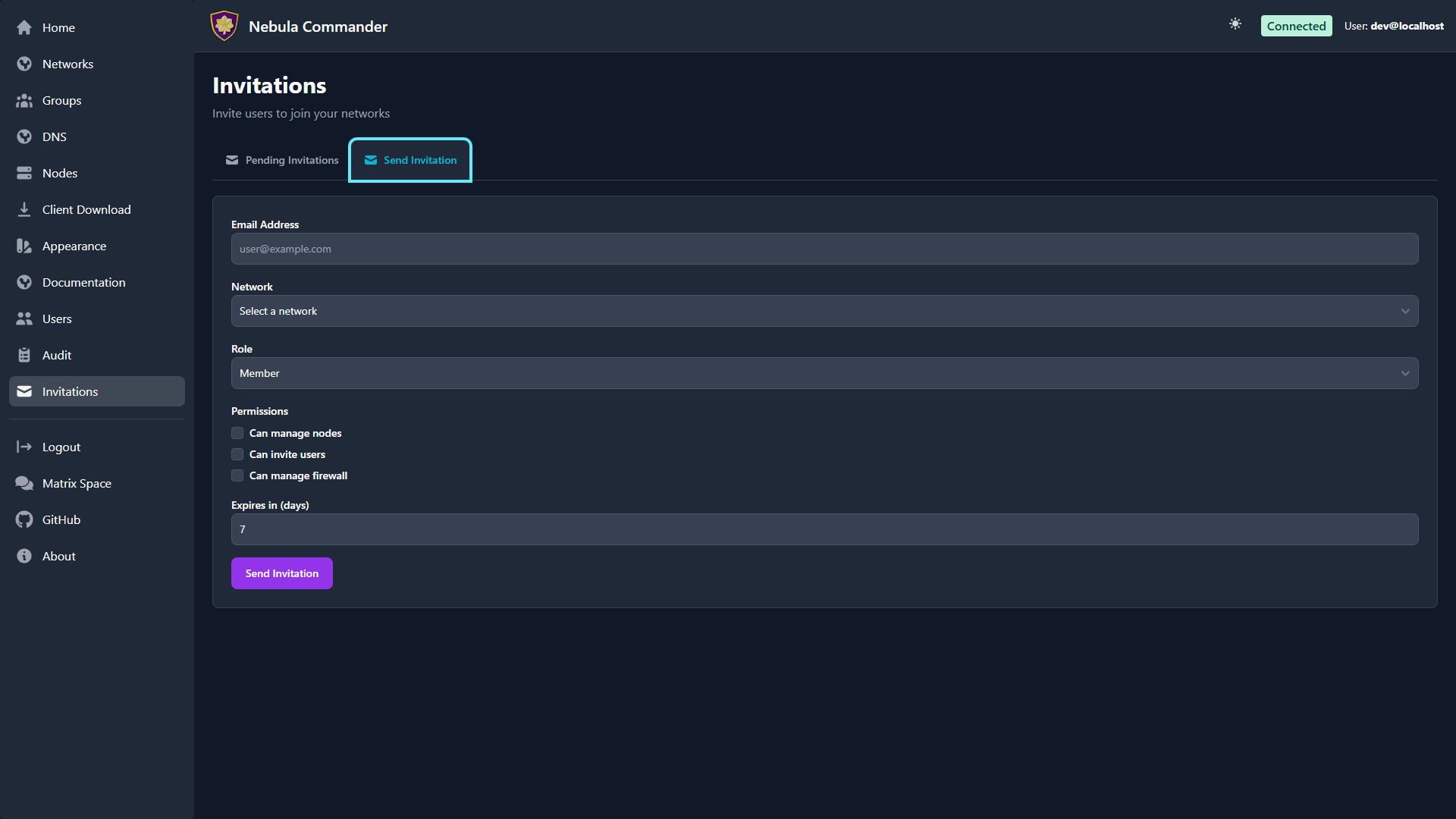 Invitations – send invite, dark mode