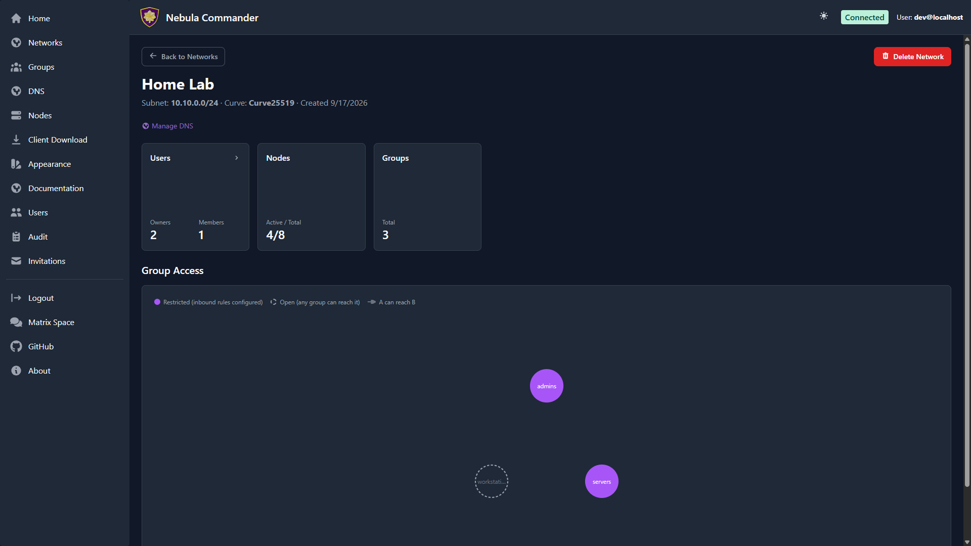 Network detail page in dark mode