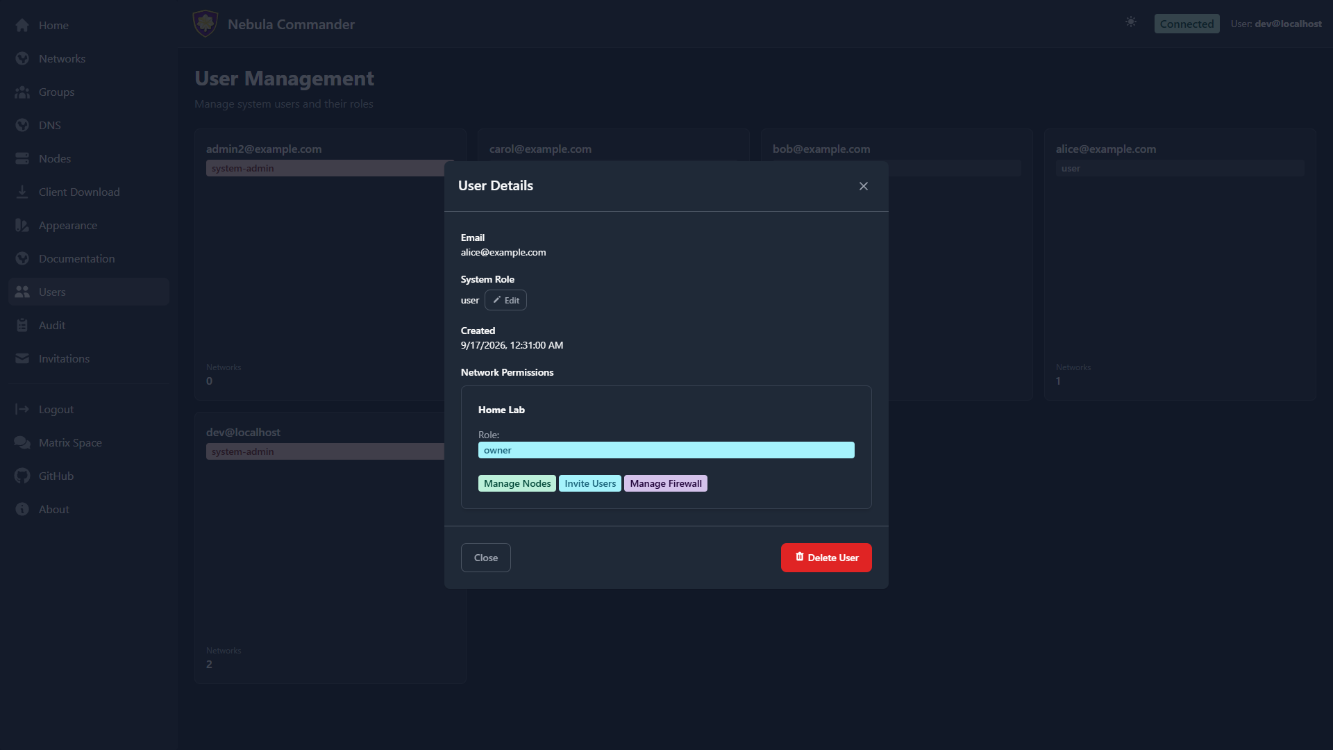 User details modal in dark mode