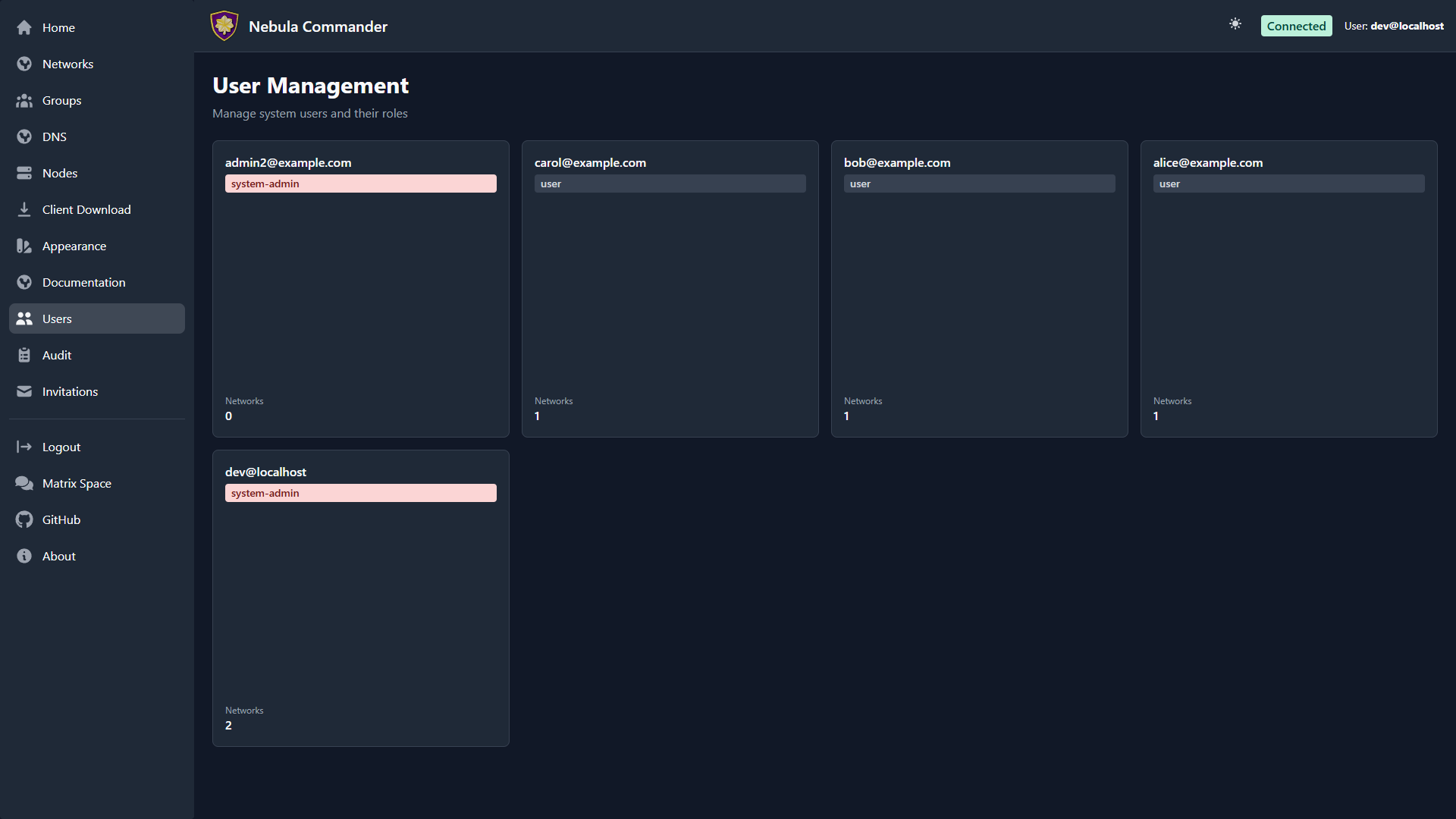 Users page in dark mode