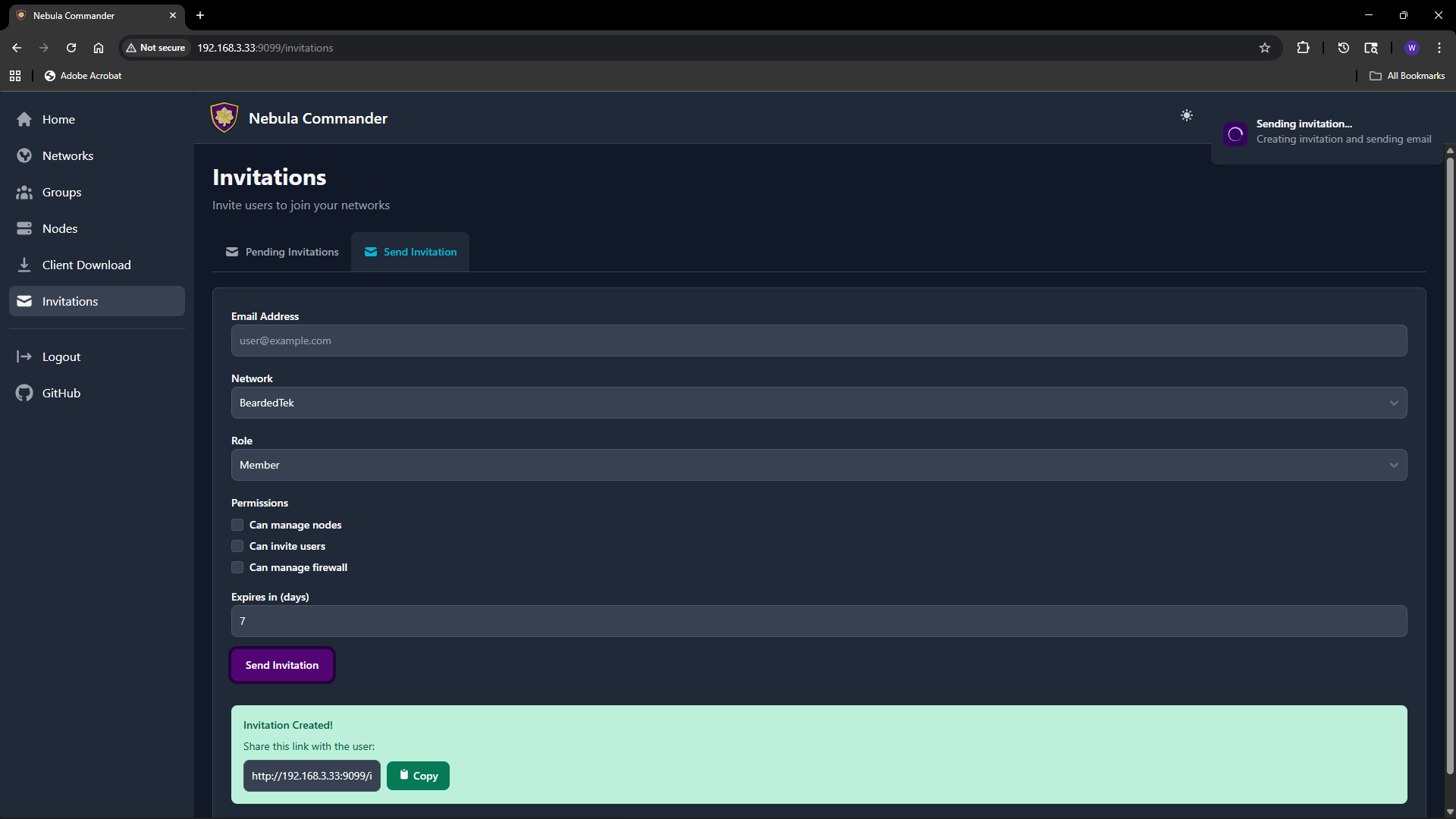 Invitations – send invite
